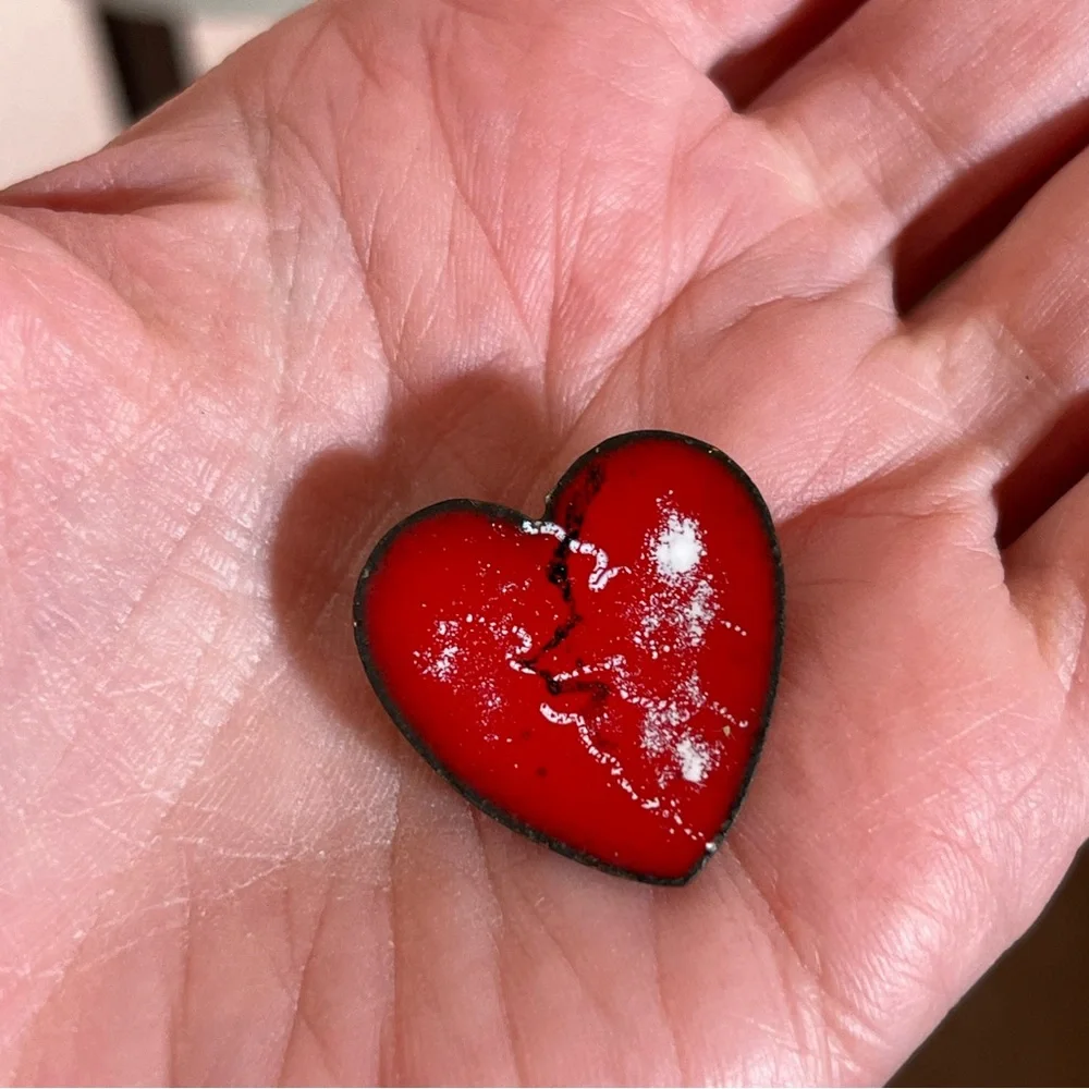 Vintage 1960 70 MCM modernist  Red Enamel Broken Heart copper Goth Brooch Pin